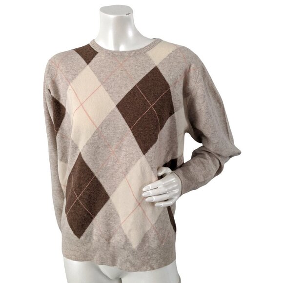 Vintage Pringle of Scotland Lambswool Argyle Sweater GEELONG Diamond Beige Brown - Picture 1 of 9